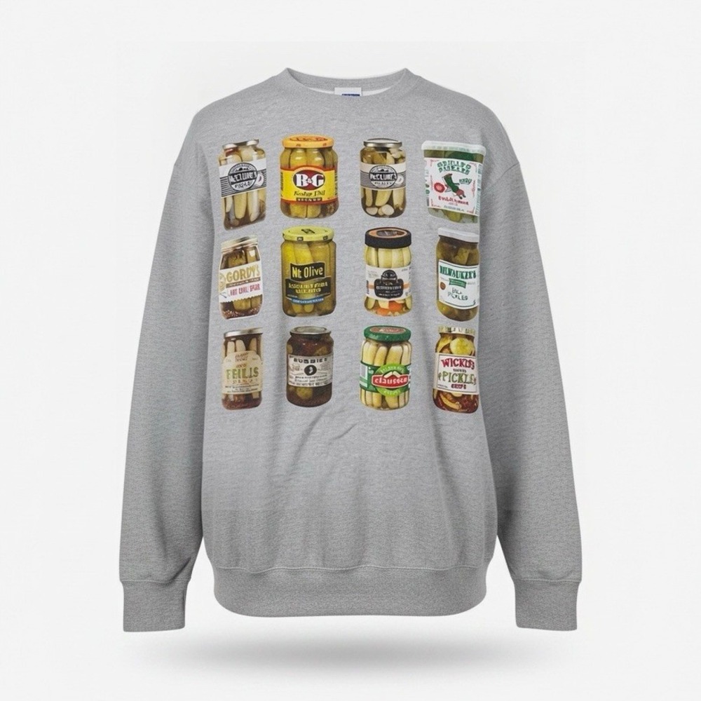 Port & Company Pickles Men L Gray Crew Neck Fleece Graphic Sweatshirt Pullover